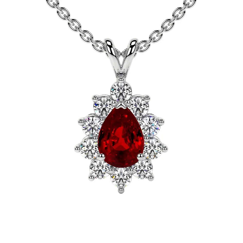 Natural Ruby Pear Halo Diana Pendant